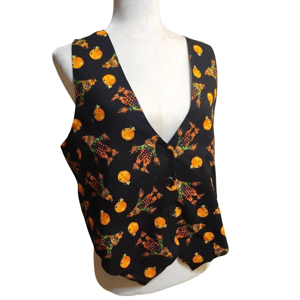 Vintage 90s Women's Medium Halloween Vest Black Pumpkin Scarecrow Print Fall - Picture 2 of 7
